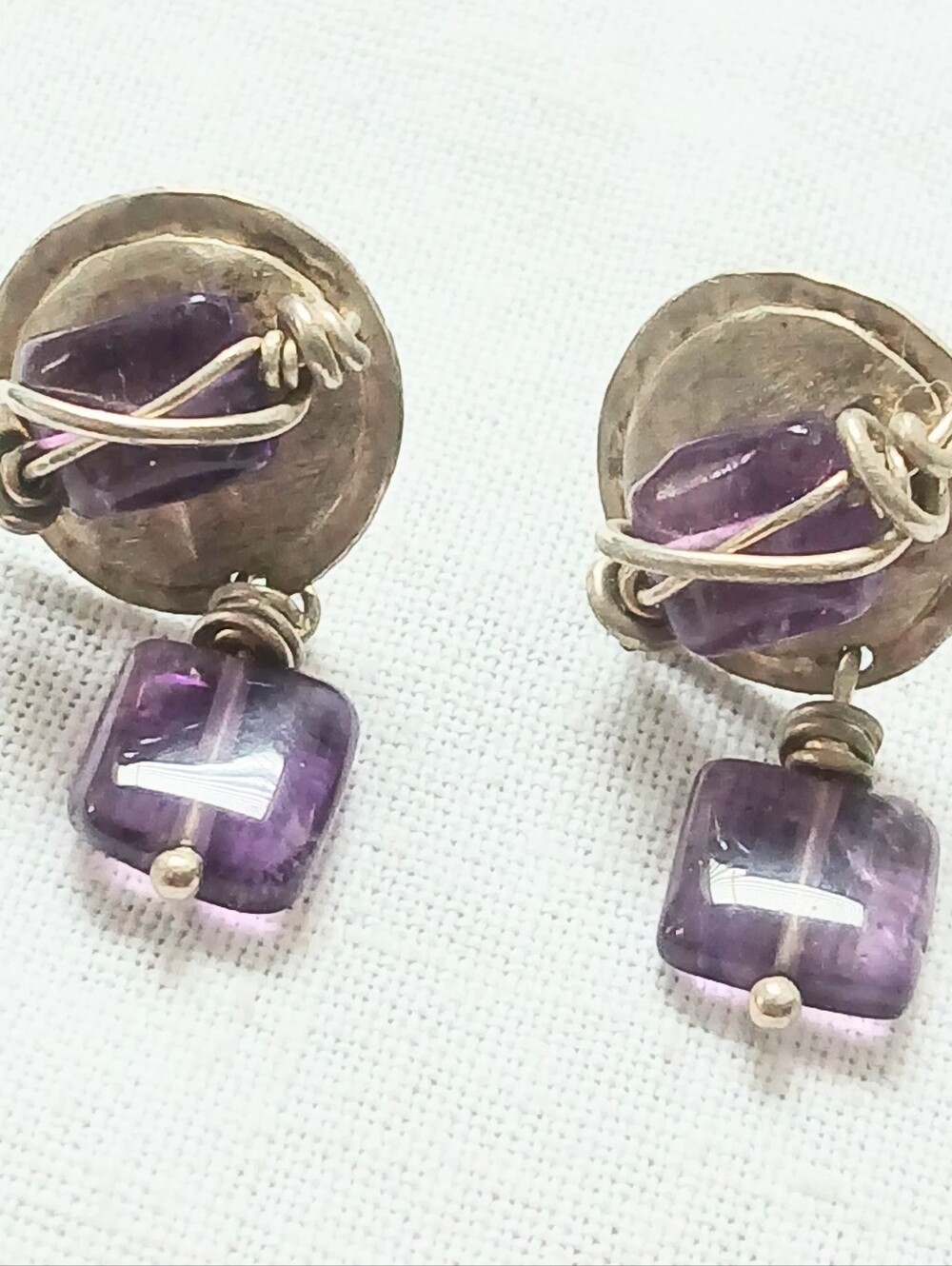 Vintage Artisan Sterling Silver Amethyst Drop Earrings NOS